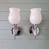 Pair of wall lights in chromed metal and white satin glass, 1960