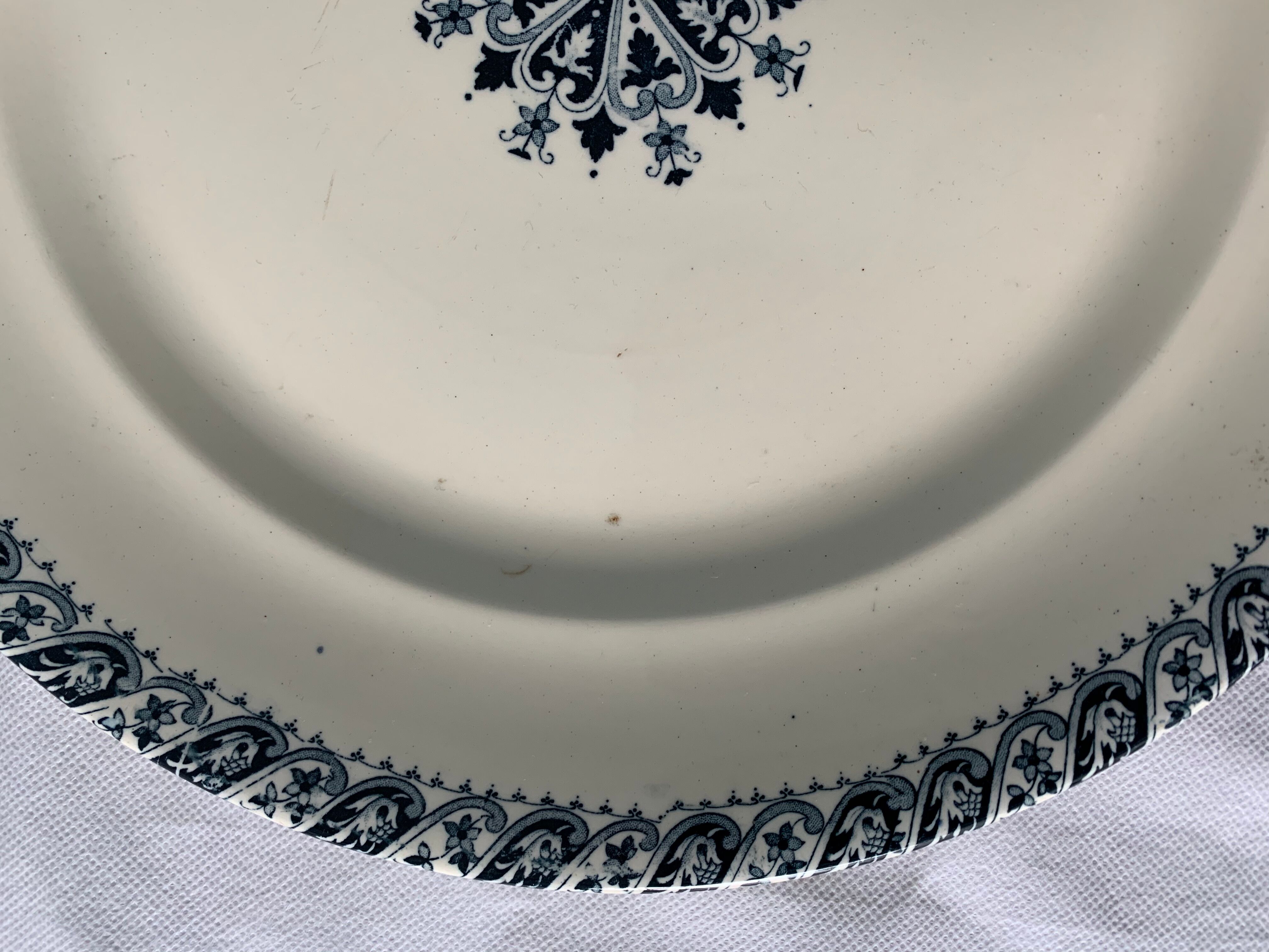 Lot of 12 old flat plates and 2 dishes, Terre de fer Henri II Salins