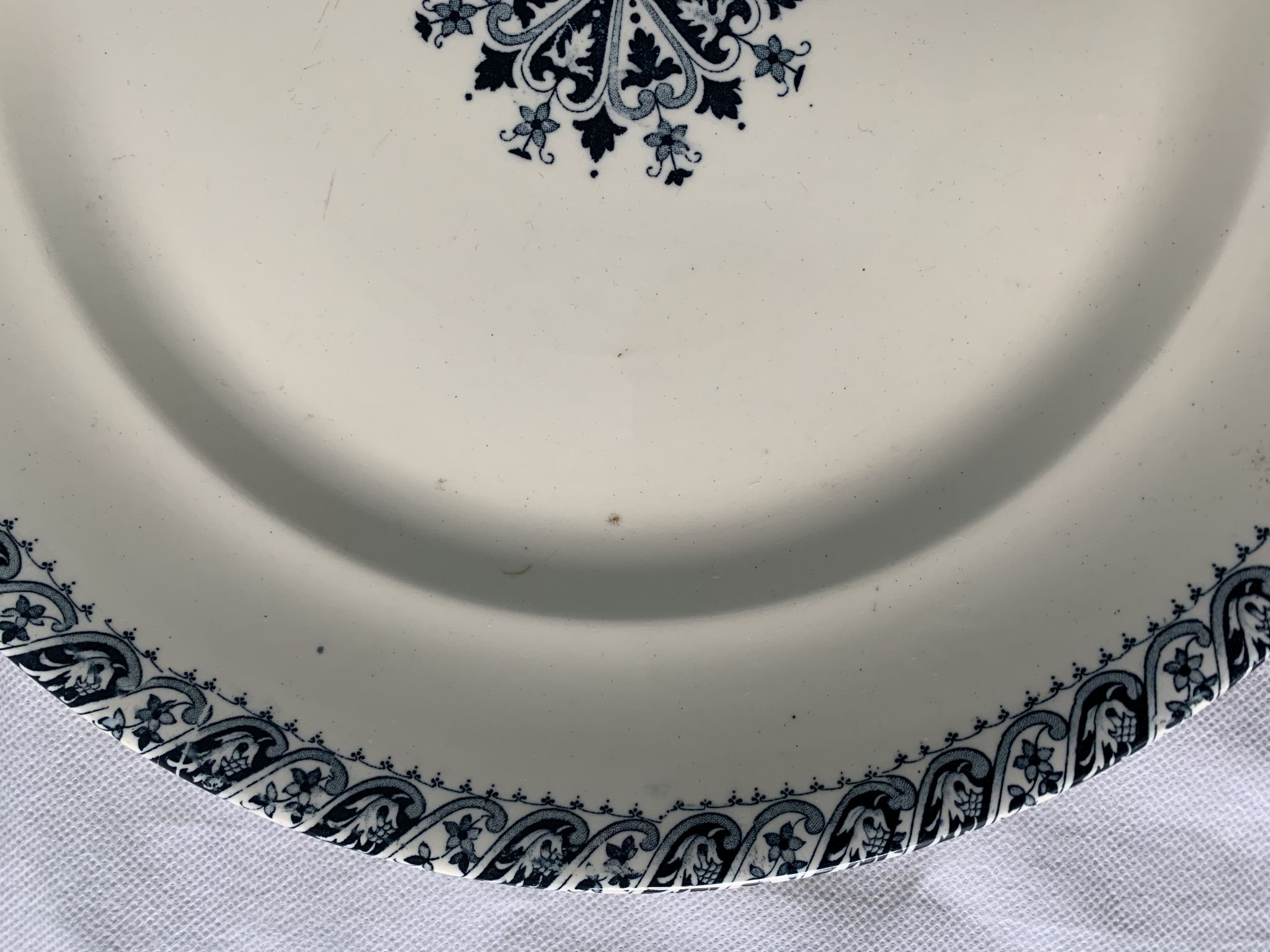 Lot of 12 old flat plates and 2 dishes, Terre de fer Henri II Salins