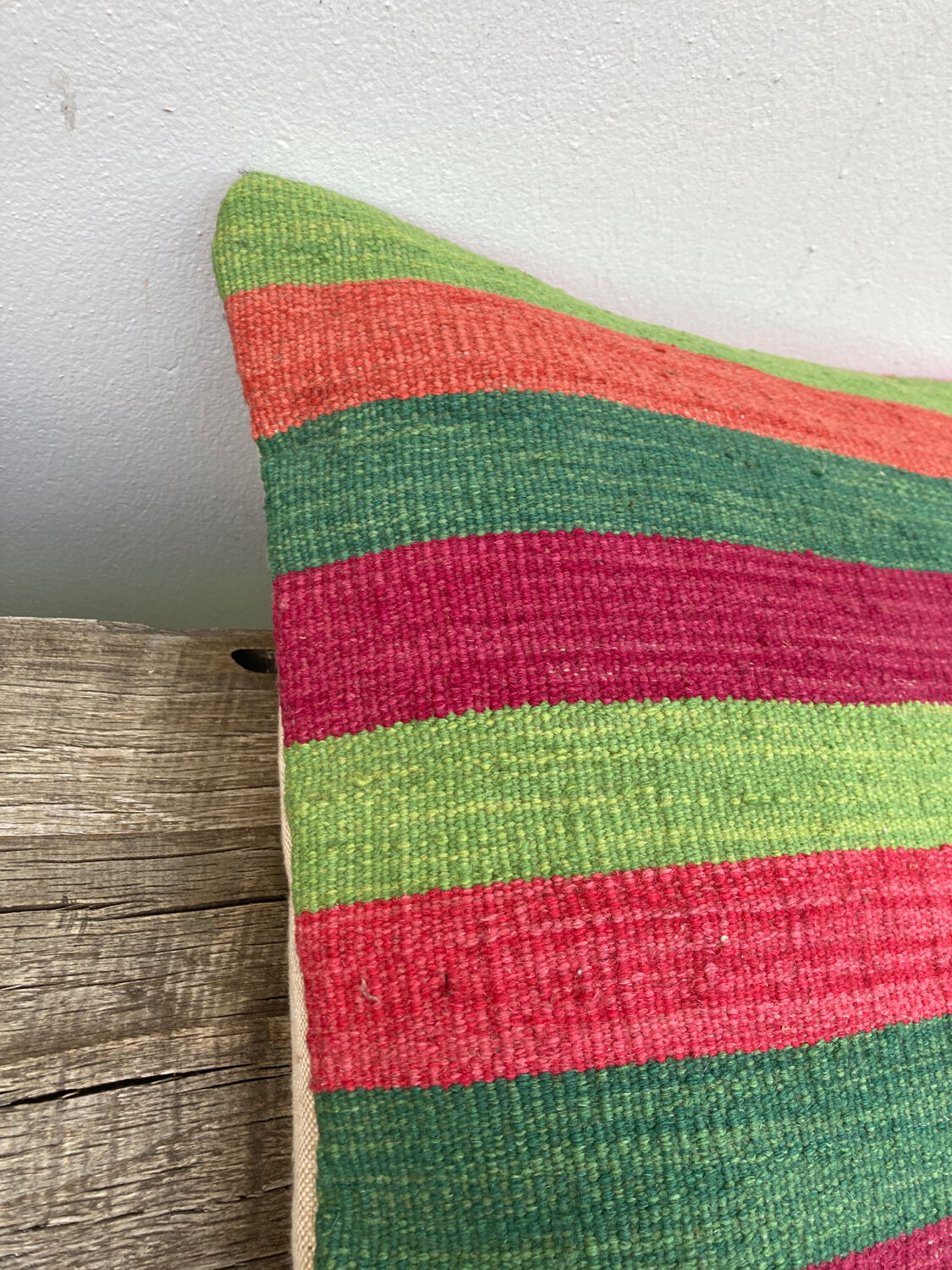 Turkish kilim cushion with stripes green red orange and blue 50x50cm