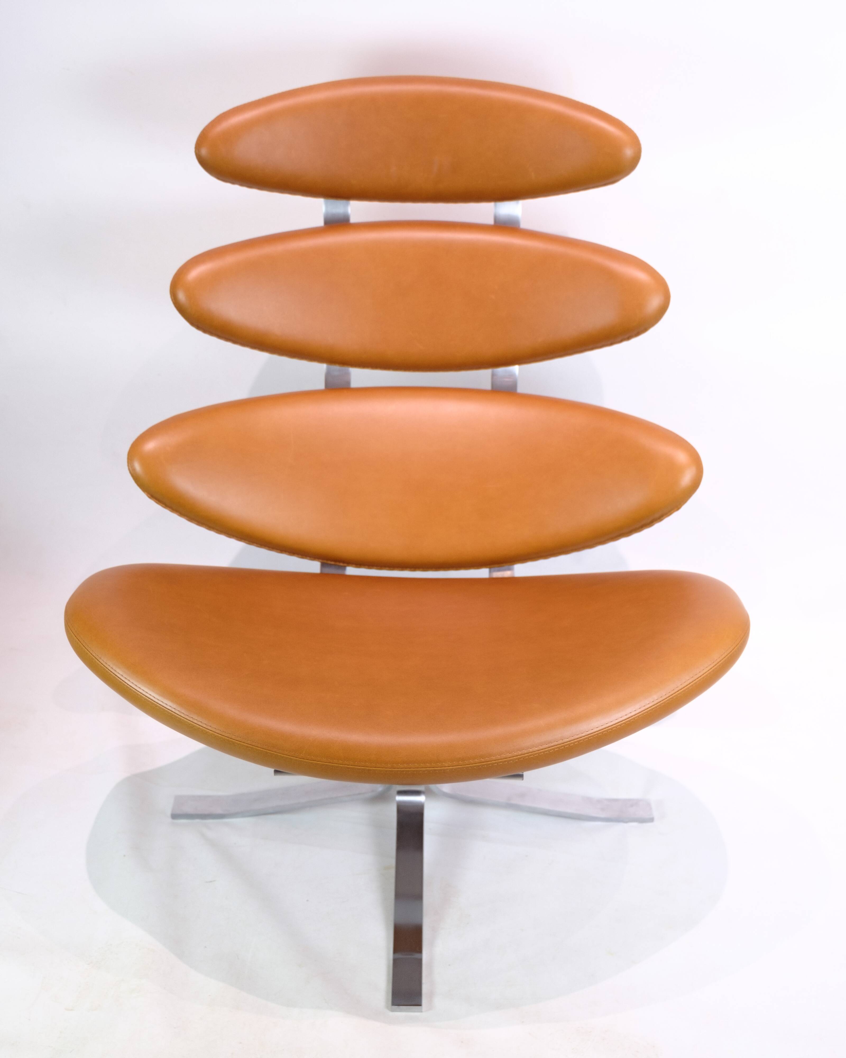 Corona Lounge Chair With Stool Model EJ 5 Made In Walnut Elegance Leather By Poul M. Volther