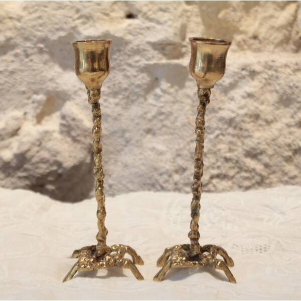 Pair of gilded bronze candlestick holders in brutalist style from around 1970.
