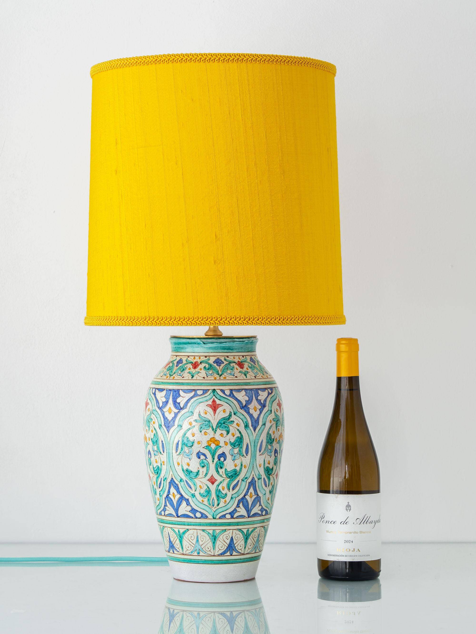 Spanish Moorish ceramic table lamp, new saffron silk shade.
