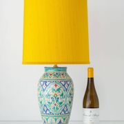Spanish Moorish ceramic table lamp, new saffron silk shade.