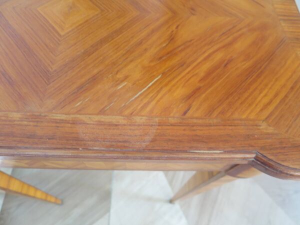 Console Louis XVI-Table d'appoint-Marqueterie-pieds sabots-années 80-Tiroir