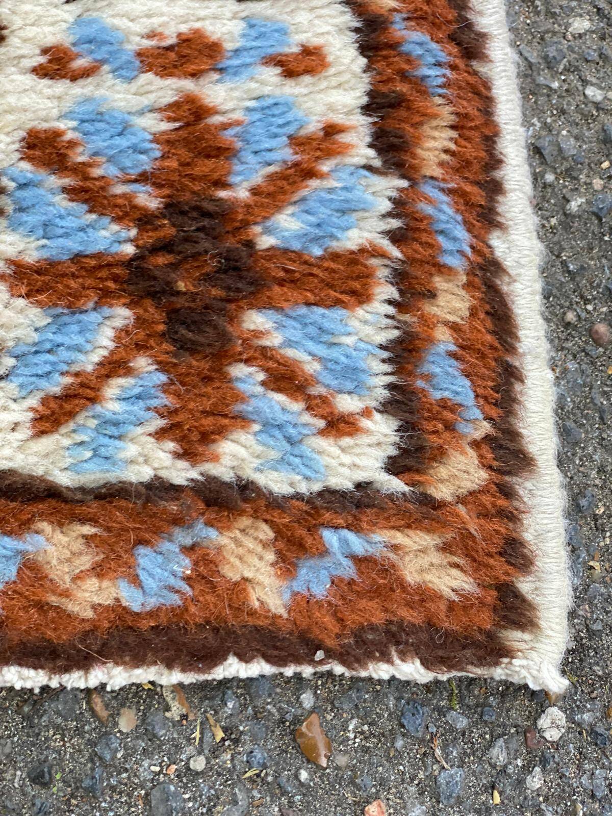 Long Persian rug in knotted wool, burgundy blue, flowers, handmade 300x90