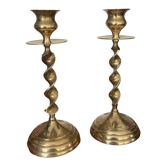 Pair of twisted brass candle holders