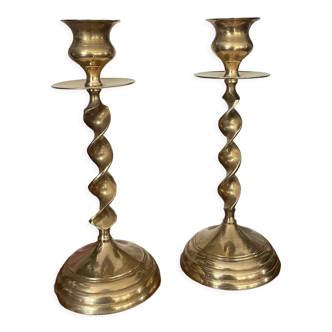 Pair of twisted brass candle holders