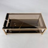 Table basse Belgo Chrome en laiton et verre fumé miroir, années 1970