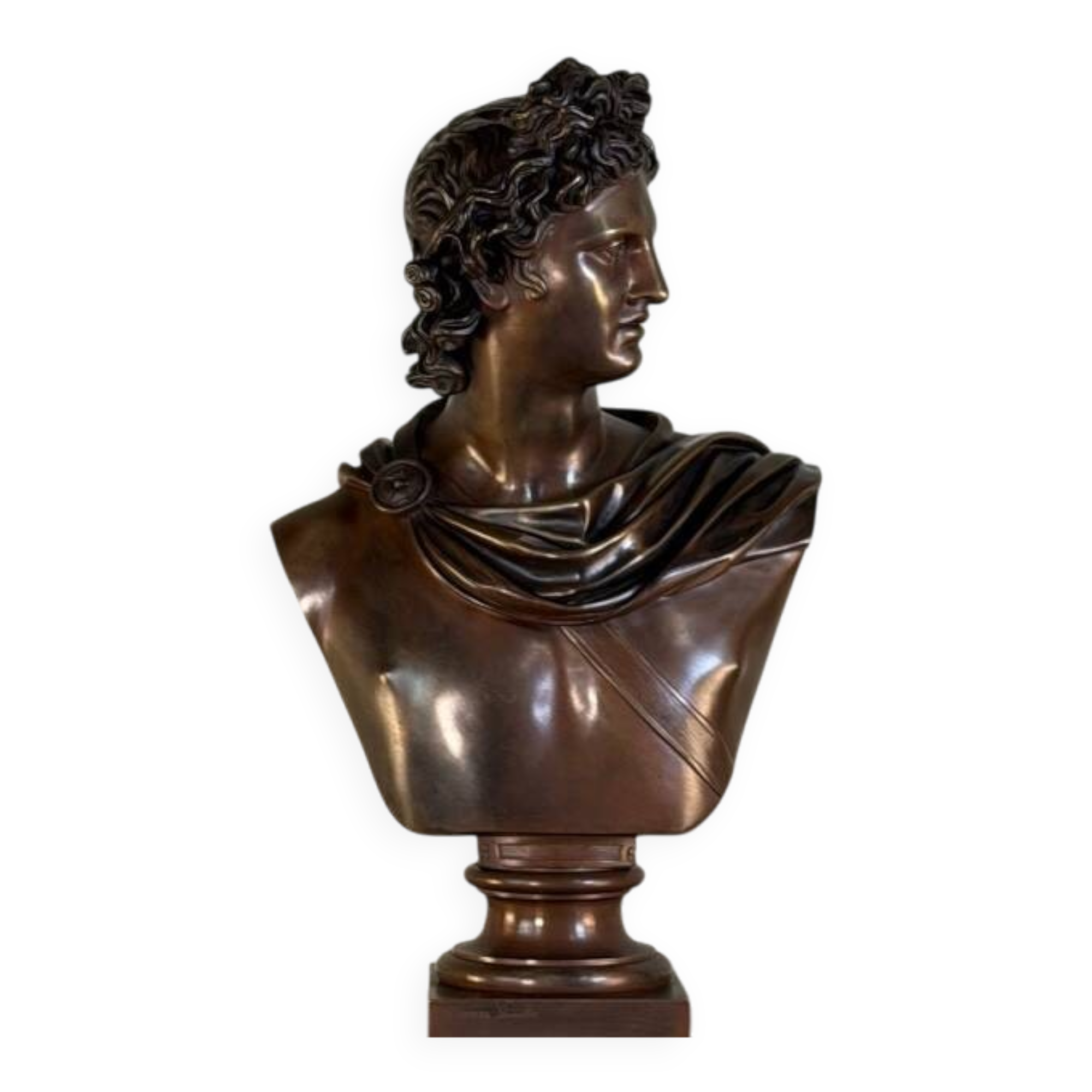 Bronze patina bust medal, Apollo of the Belvedere, bronzier Luppens, 19th century