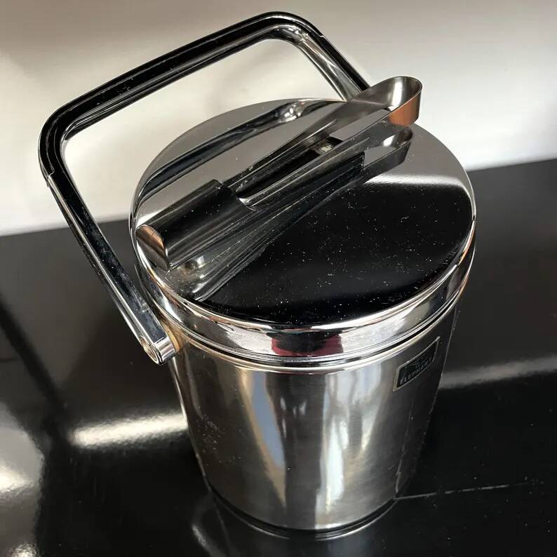 Vintage stainless steel ice bucket with lid and tongs - Made in Japan