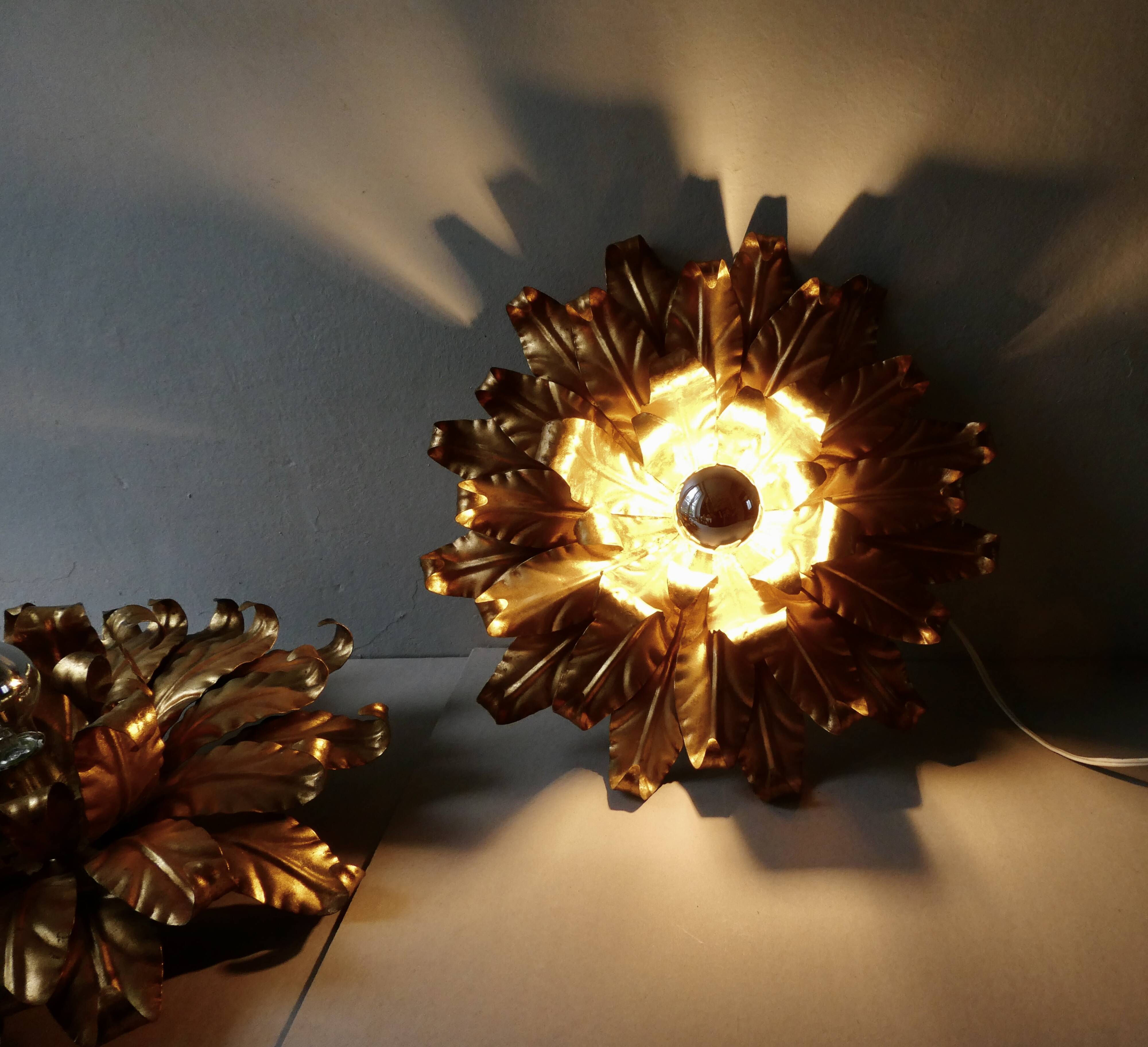 Pair of large flower wall lights in gilded metal, Italy, 1960s