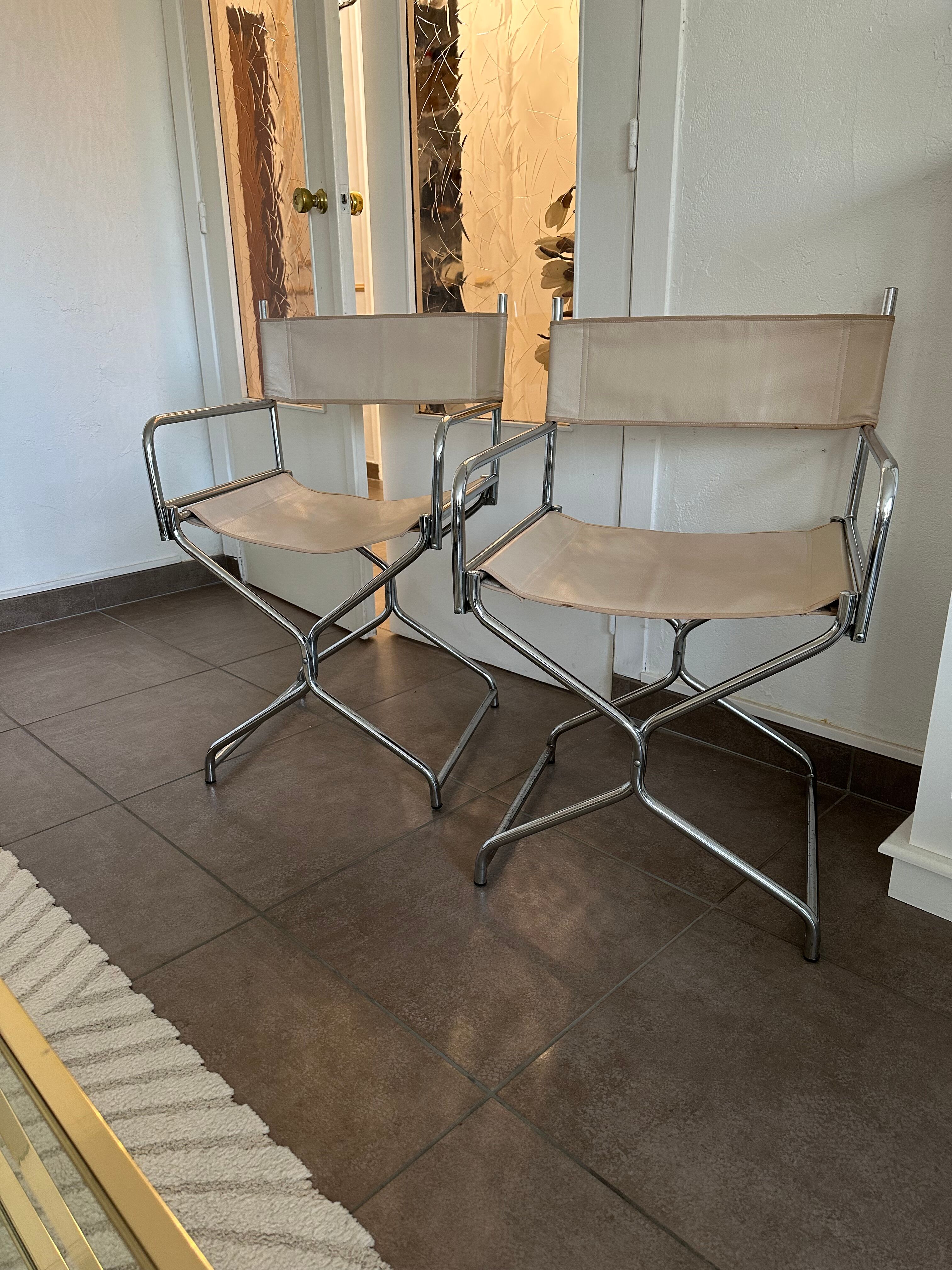 Chaise fauteuil vintage metteur en scène chrome & cuir beige
