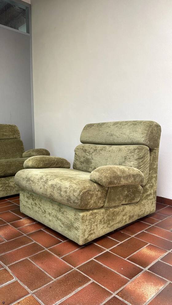 Canapé modulable vintage en velours vert avec fauteuil assorti et pouf