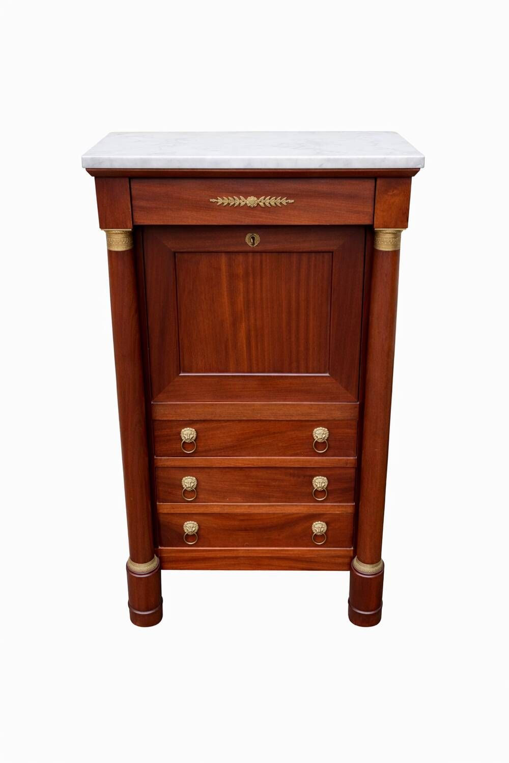 Empire secretary with white marble top in mahogany and brass, 6 drawers.
