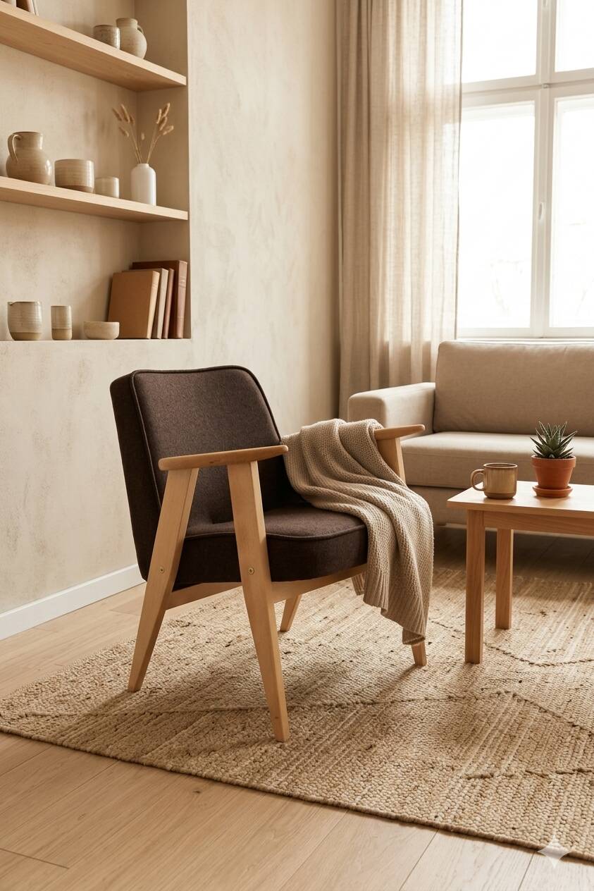 Scandinavian chocolate wool armchair designed by Chierowski