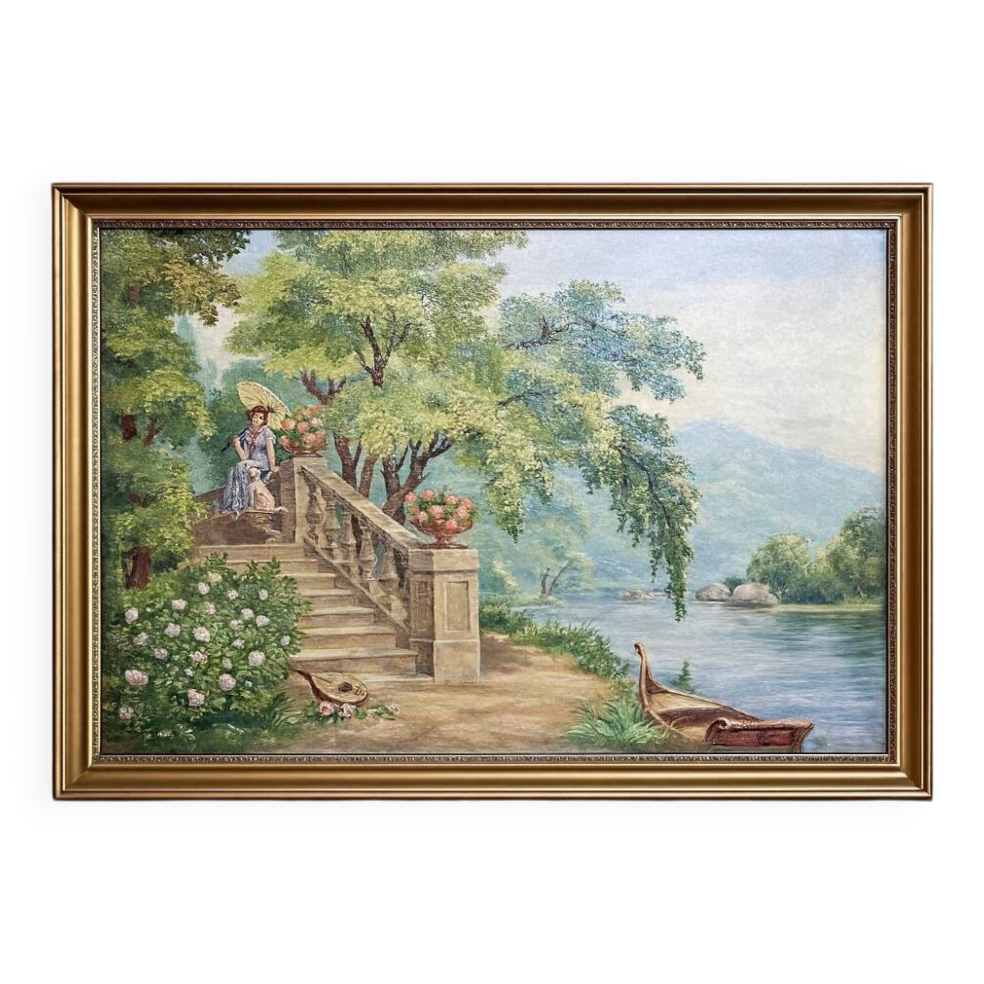 Oil painting depicting a romantic scene.