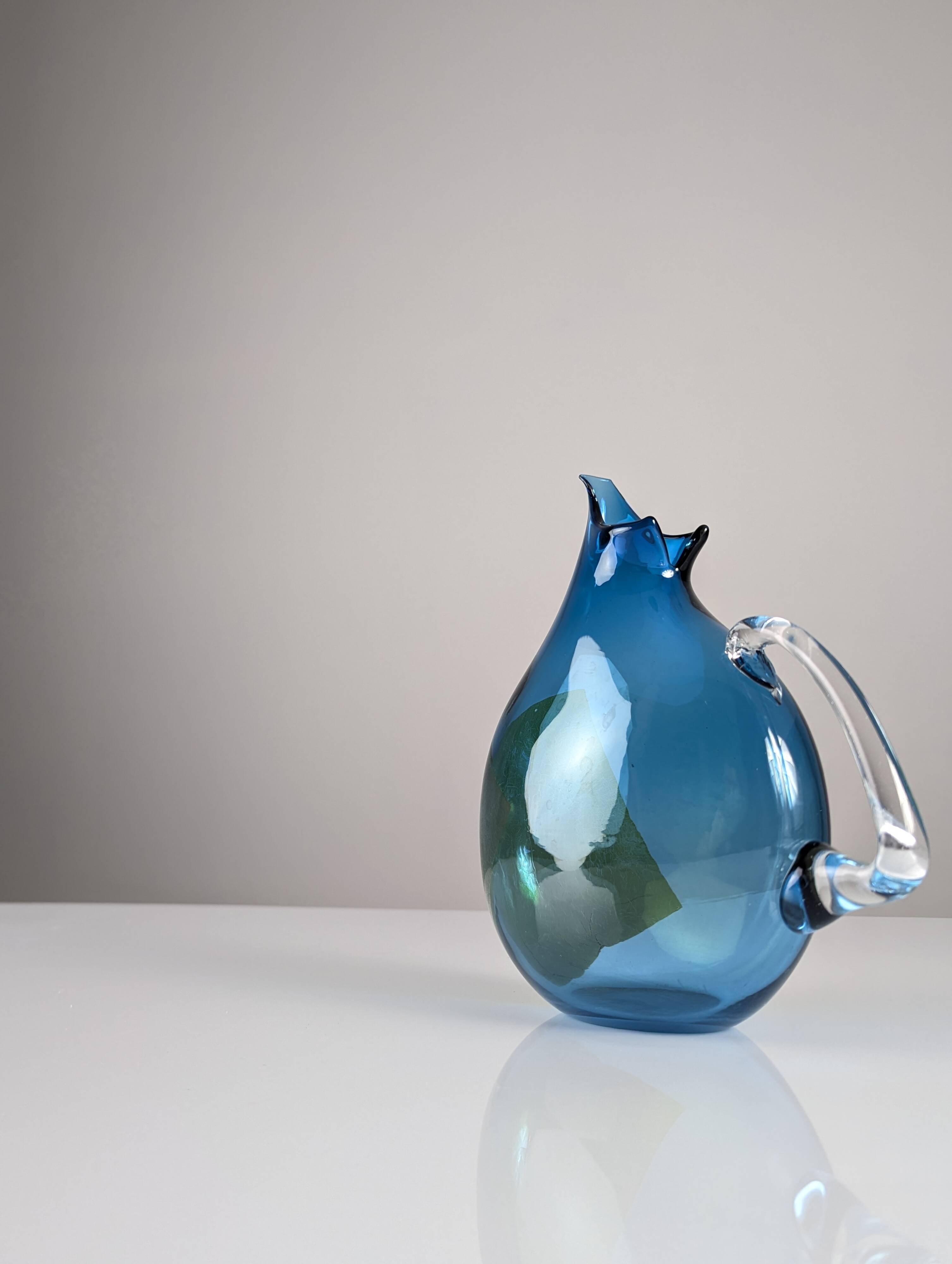 Unique Hand-Blown Glass Jug Signed by 20th Century Artisan – Vibrant Blue