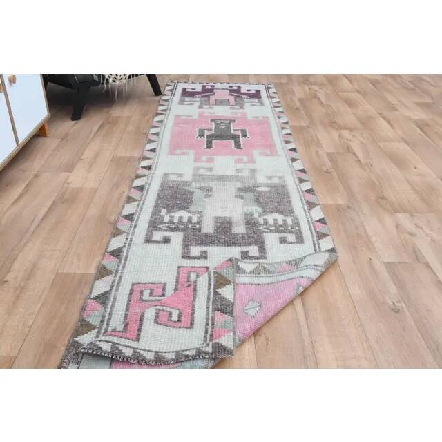 1970s Human Motif Turkish Vintage Oushak Handmade Wool Runner 92x327