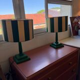 Pair of wooden bedside lamps with striped lampshades