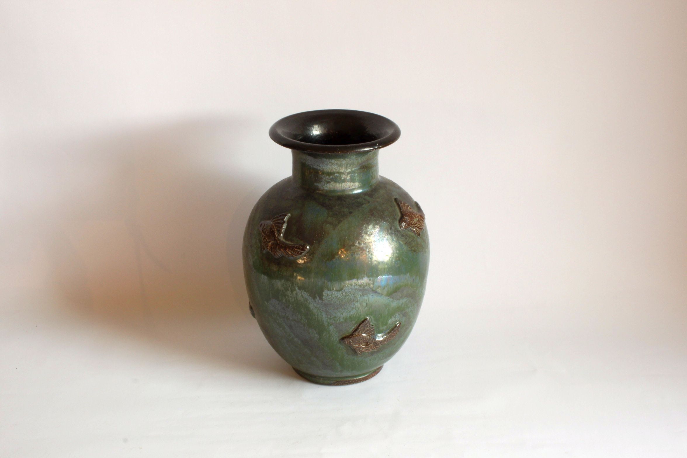 Art Deco Stoneware Vase with Fish Reliëf by Roger Guerin, Belgium, 1920s