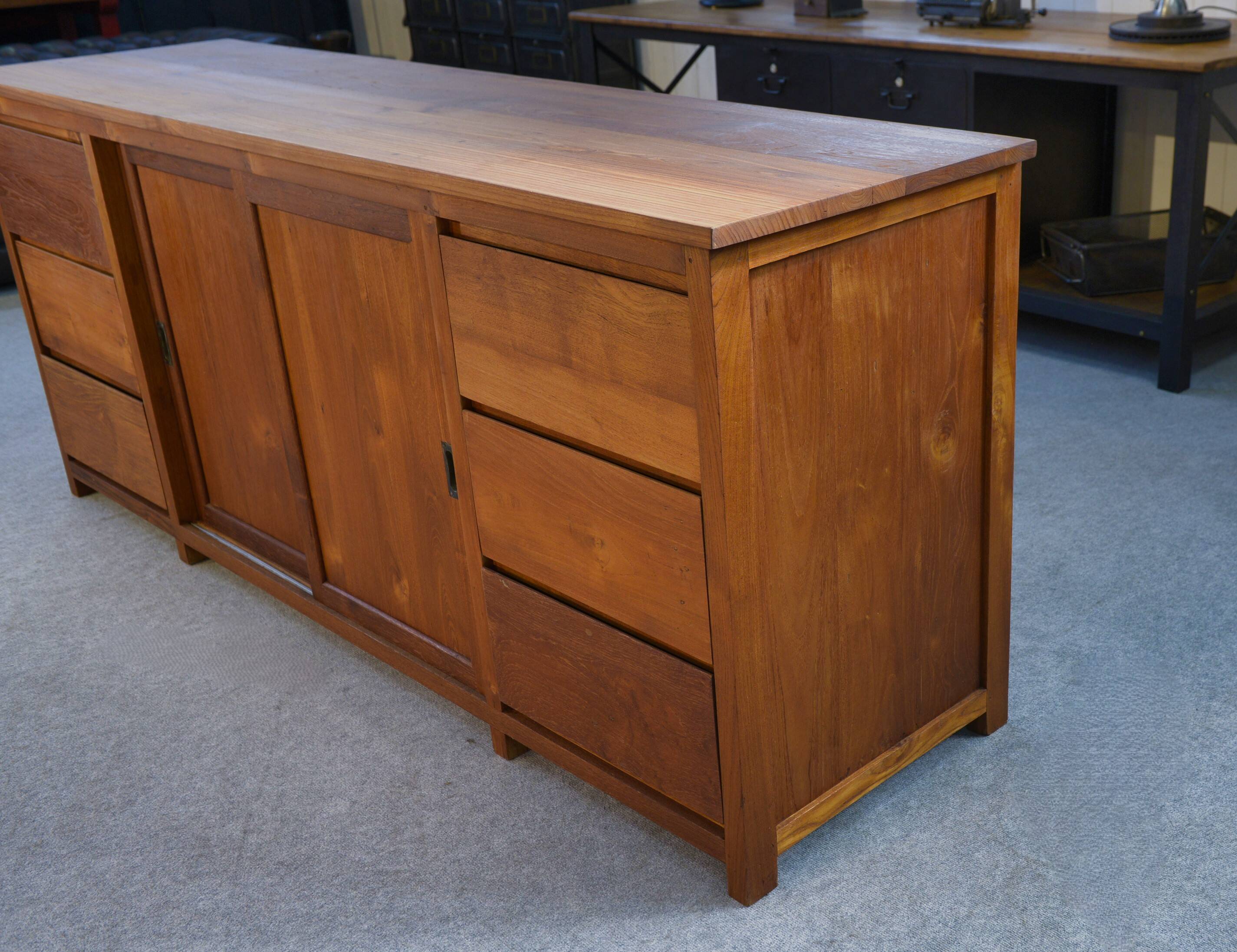 Large teak sideboard with 6 drawers and 2 sliding doors