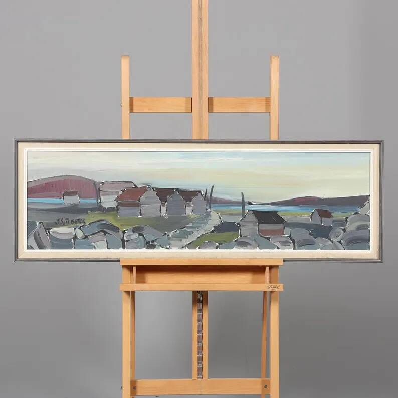 XL Original Swedish Oil on Canvas “Coastal Village” by Bo Sjöberg –Signed