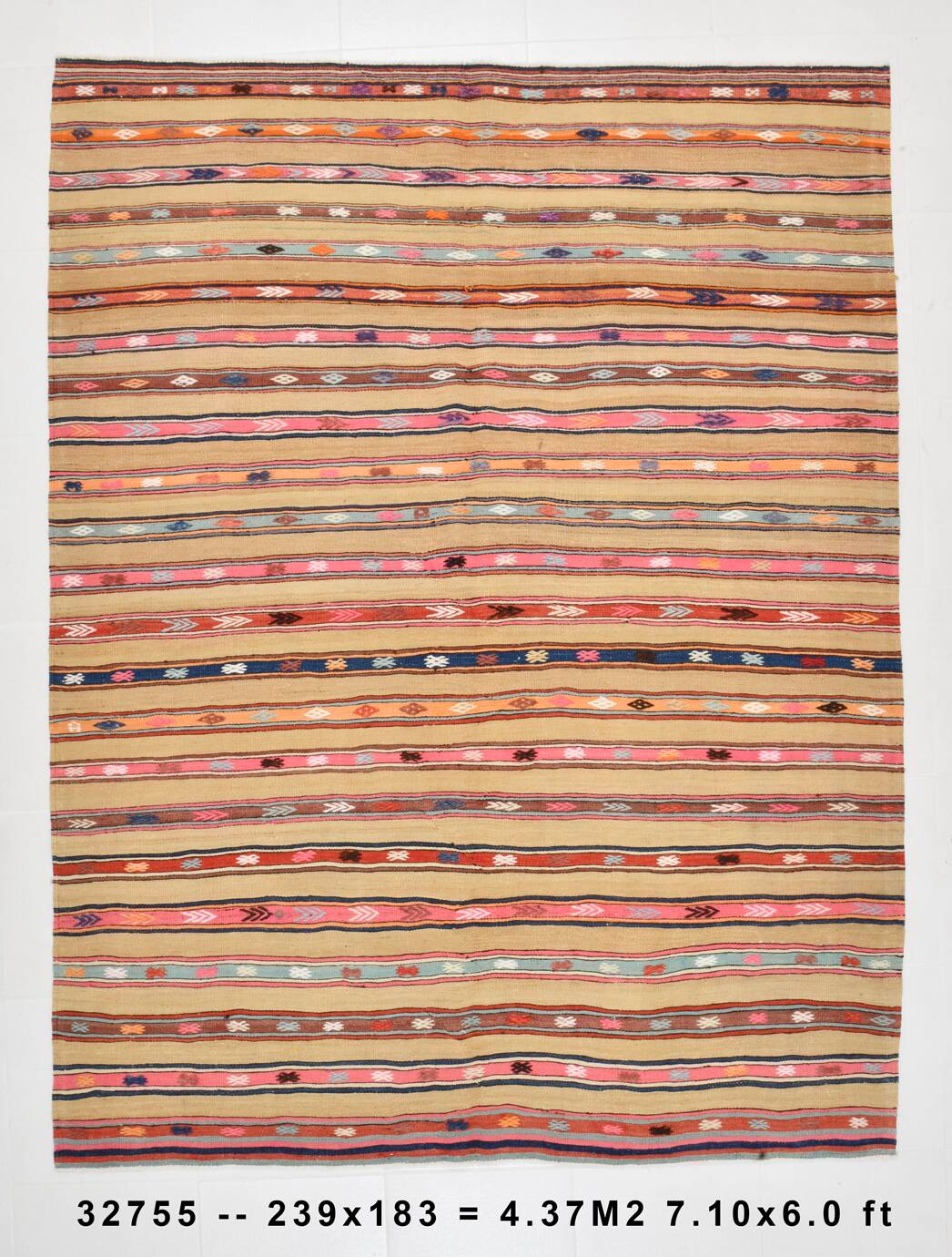6x8 Khaki & Red Striped Pattern Vintage Kilim Rug, 183x239Cm