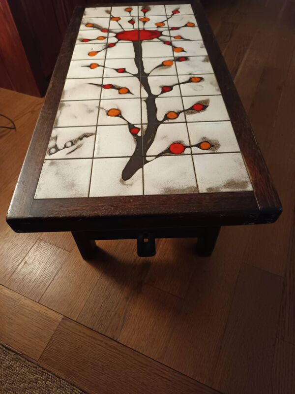 Table basse céramique et bois signée dan vallauris 1950/1960