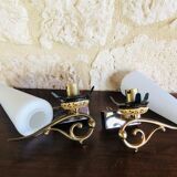 Pair of wall sconces in opaline and brass 60s