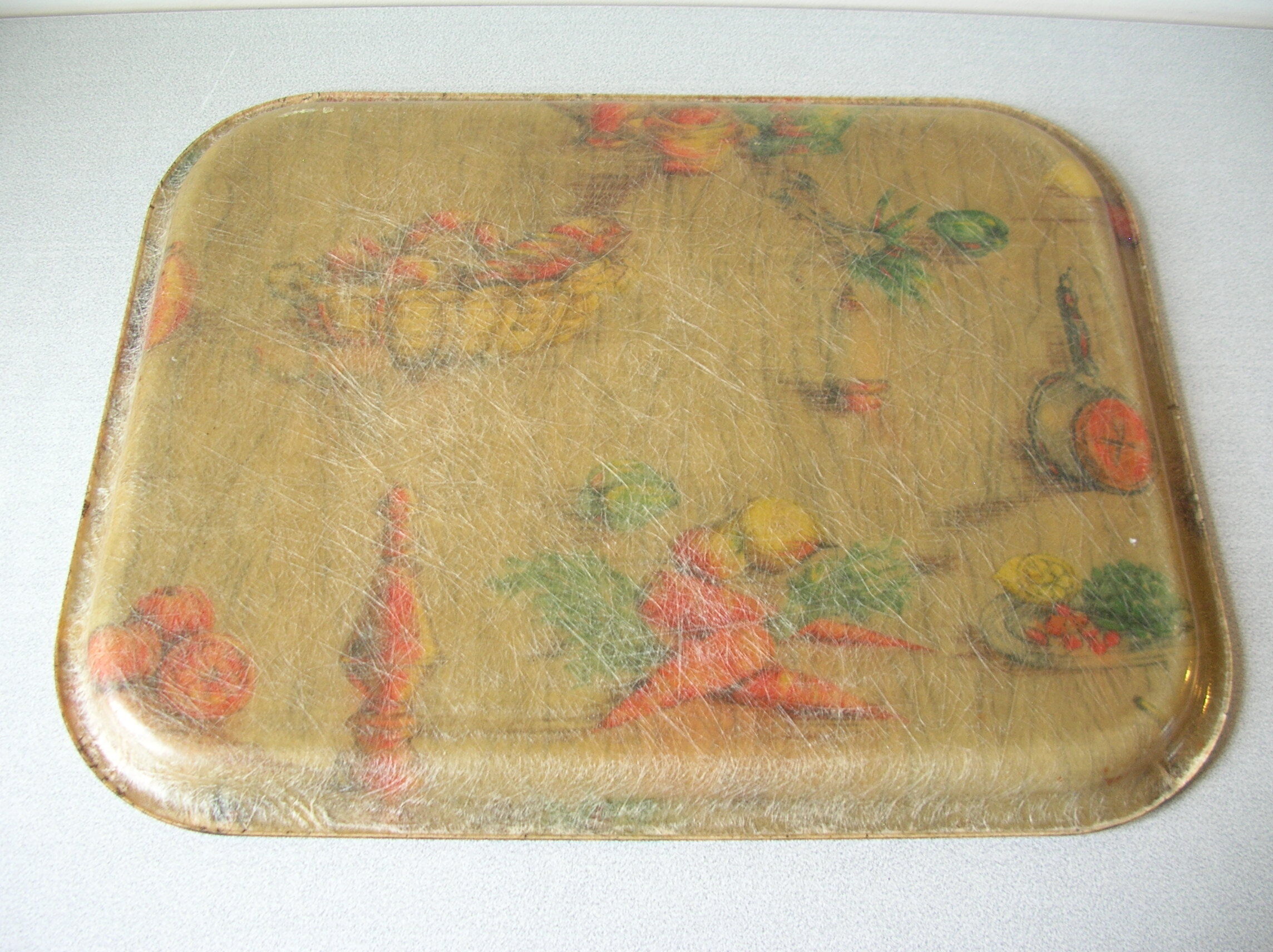 Old service tray 1950s/60s fiberglass decoration carrot bread kitchen