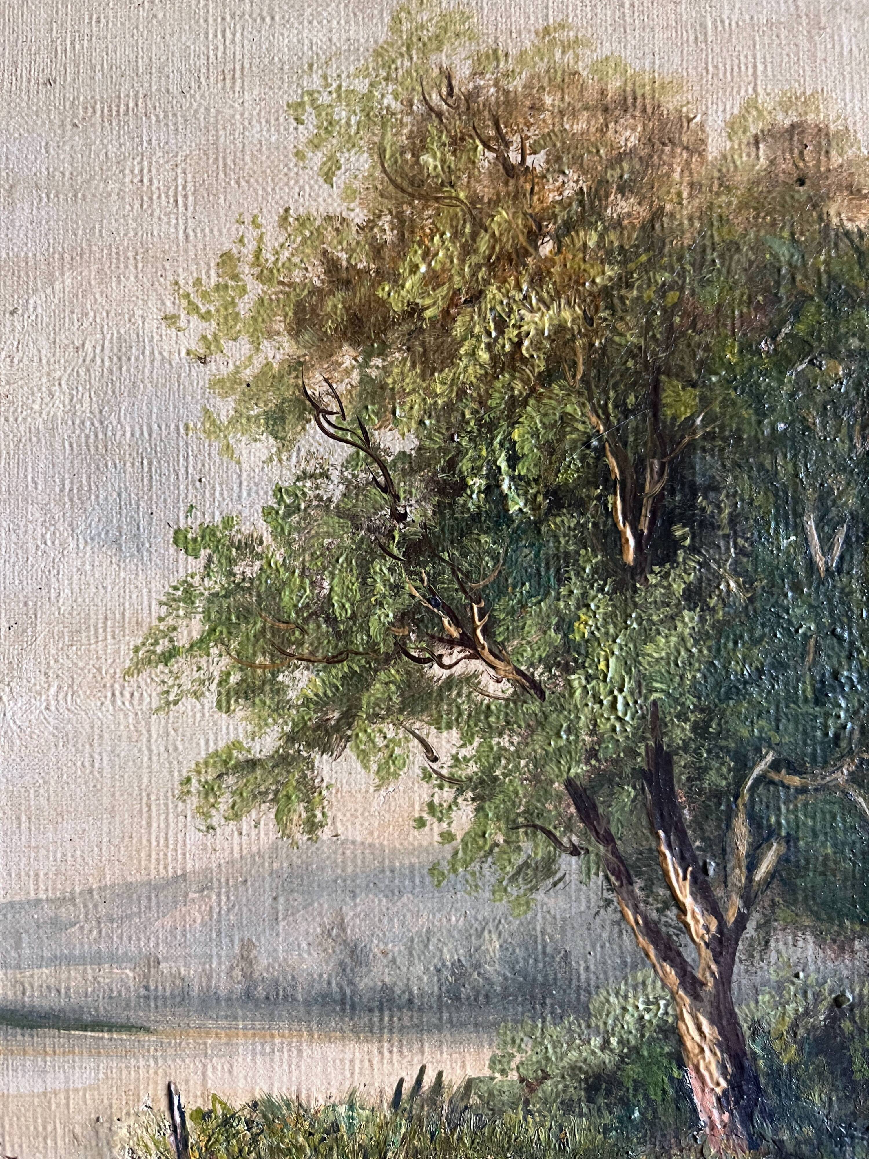 Painting, oil on framed canvas "Animated lake landscape" signed Michel, 19th century.