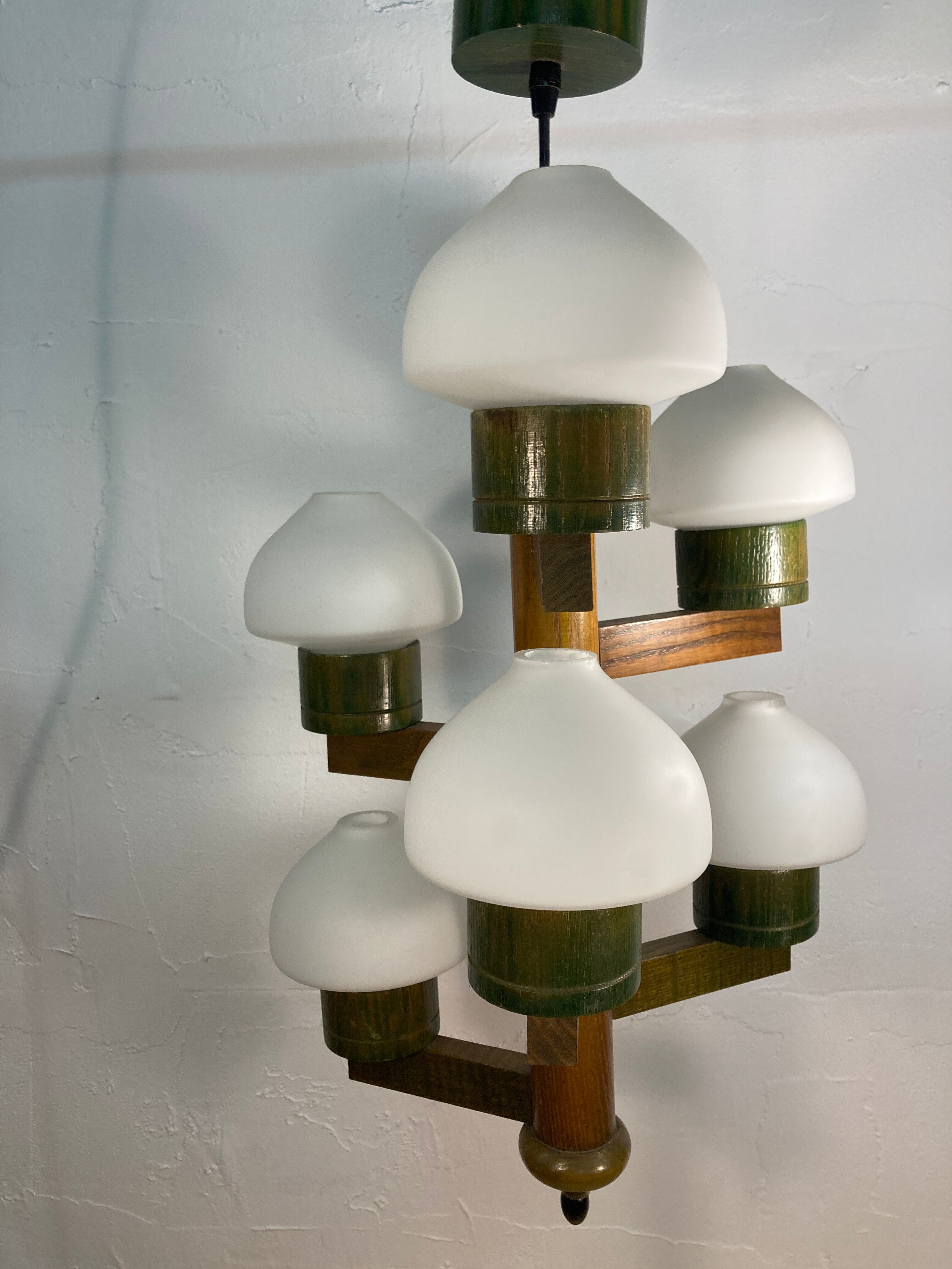 Midcentury Scandinavian wood and opaline glass hanging pendant