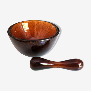 Mortar and pestle in amber bubbled glass, Biot glassware, 70s