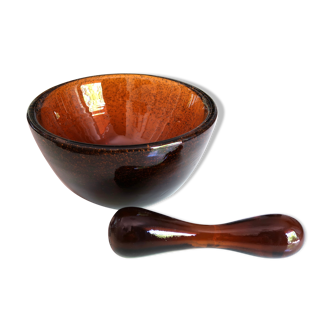 Mortar and pestle in amber bubbled glass, Biot glassware, 70s