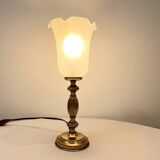 Vintage French Empire table lamp in gilded brass, opaline, pleated tulip, Belle Epoque