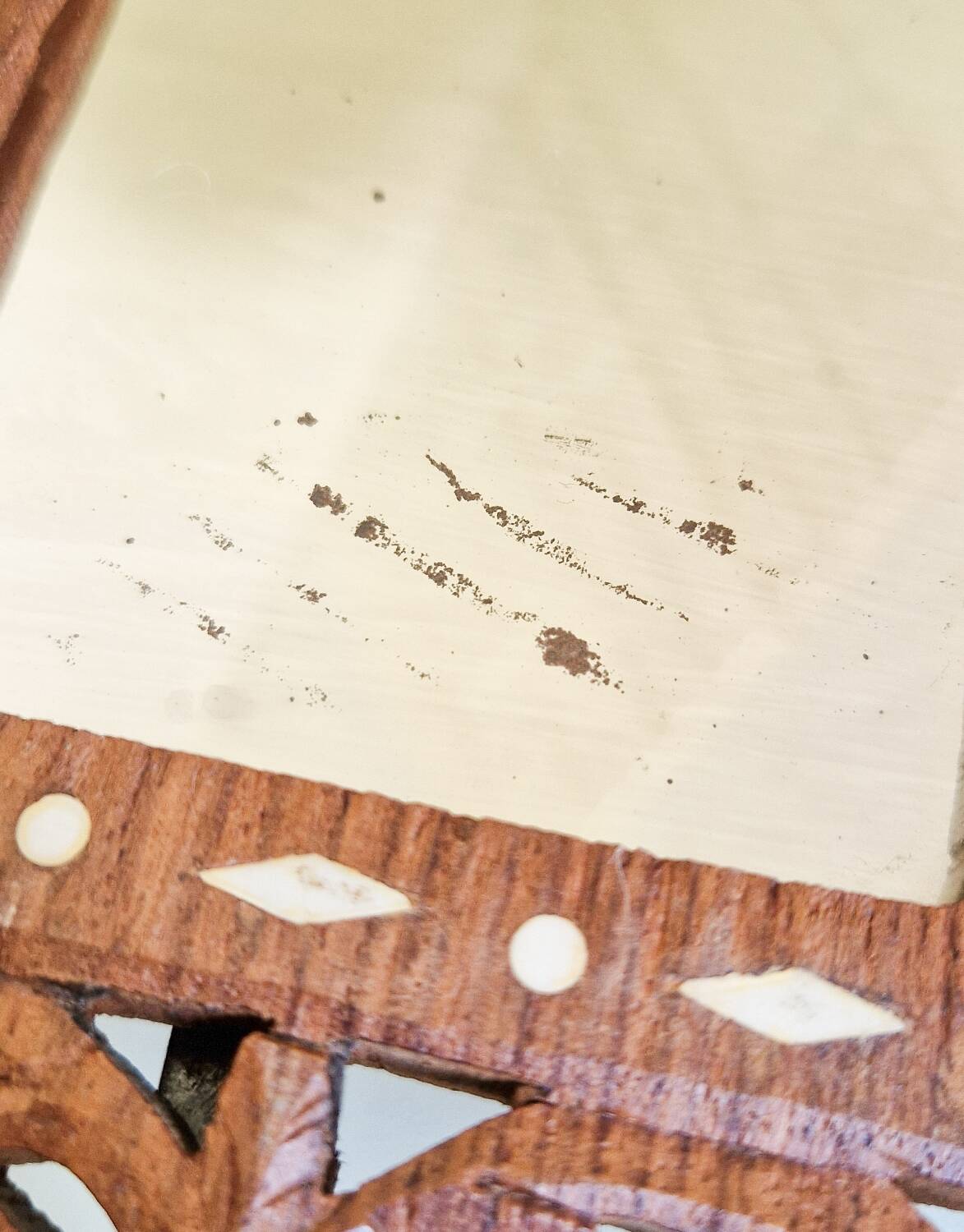 Vintage hand mirror in hand carved wood and bone inlay