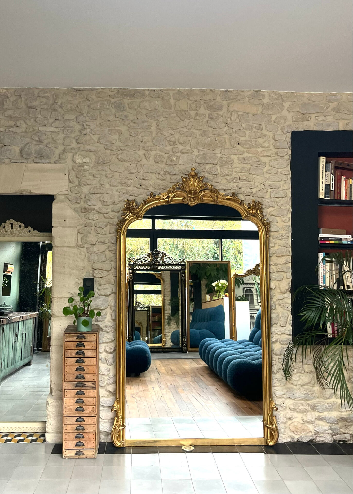 Gold leaf mirror with pediments, 219/131cm, overmantel.