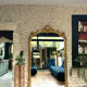 Gold leaf mirror with pediments, 219/131cm, overmantel.