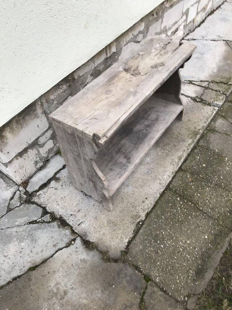 Small country bench in grey pine, rustic antique style with storage shelf.