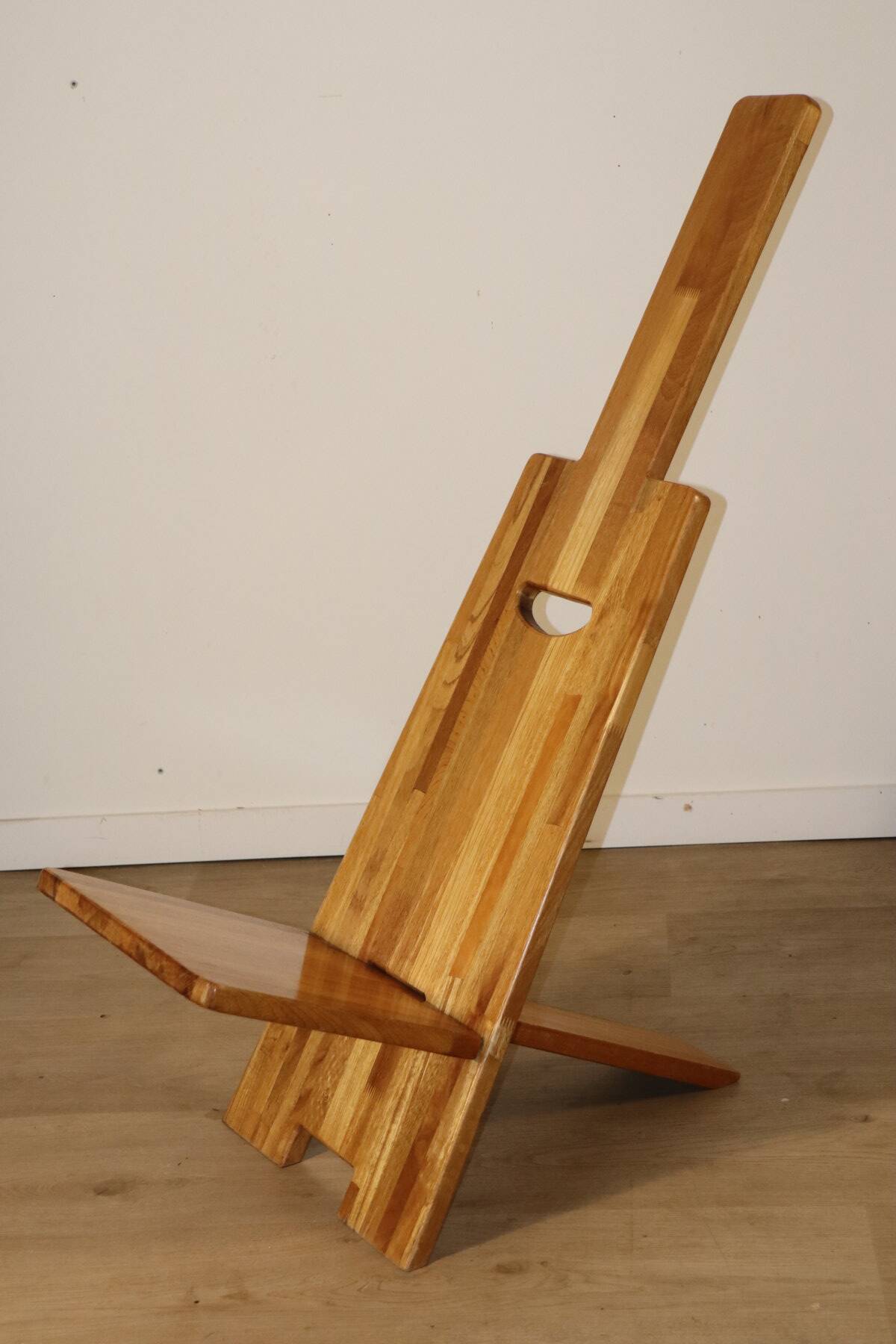 Sculptural brutalist armchair in solid elm, 1980.