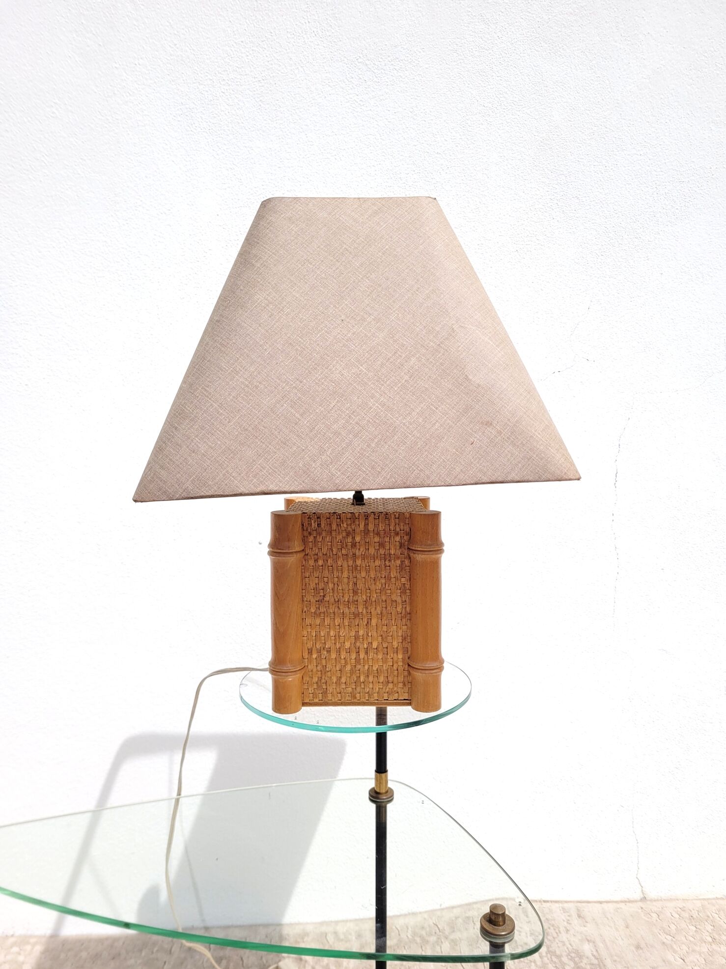 Vintage lamp 1980 bamboo foot and woven lampshade