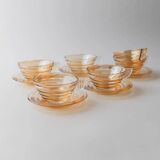 Vintage 1950s glass coffee cups, set of 5, iridescent peach ribbed glass with saucers, Italian design Gondolo.