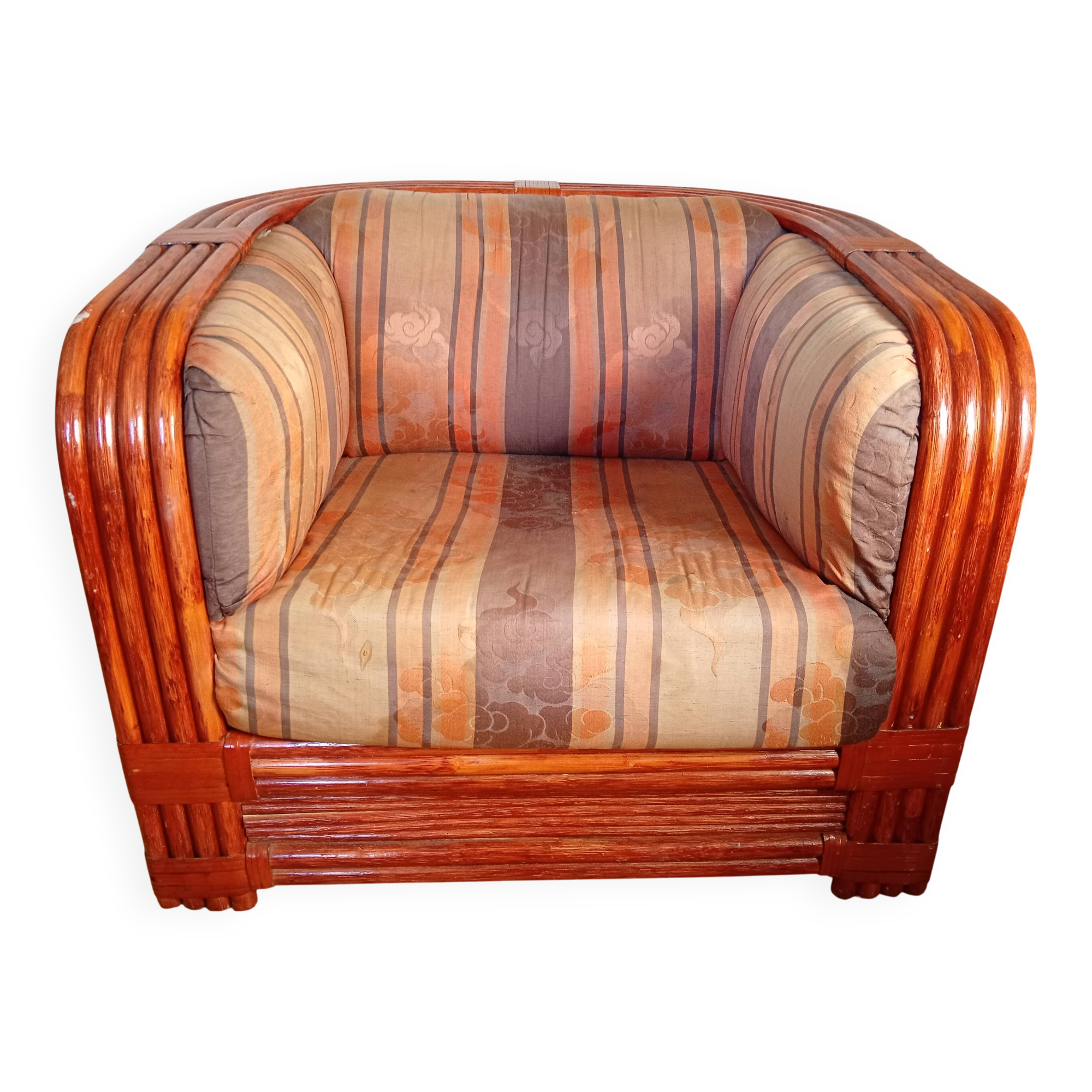 1980s armchair in red rattan and bamboo, made by Maugrion.