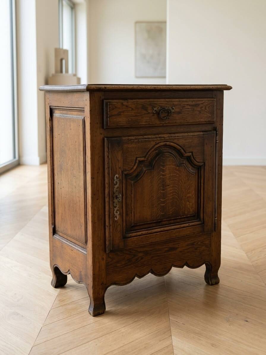 Small cupboard, jam cabinet with one door and one drawer, rustic, oak, solid wood.
