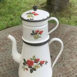 Coffee pot, in enamelled iron with patterns of red roses and white flowers, with filter, old