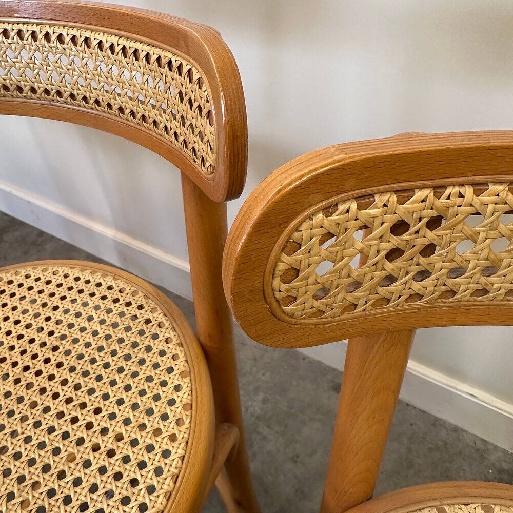 Set of 4 vintage Italian bentwood & cane bar stools, 1970s
