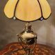 Vintage brass petrol lamp, electric, with glass and lead shade, 38x21
