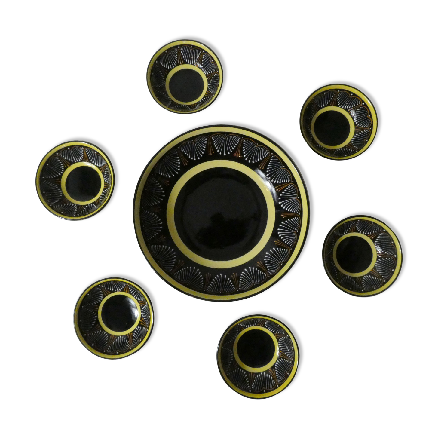 Henriot Quimper coupelles et saladier perlé noir jaune