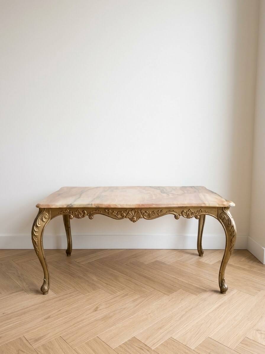 Vintage coffee table in Louis XV style with onyx and gilded brass.